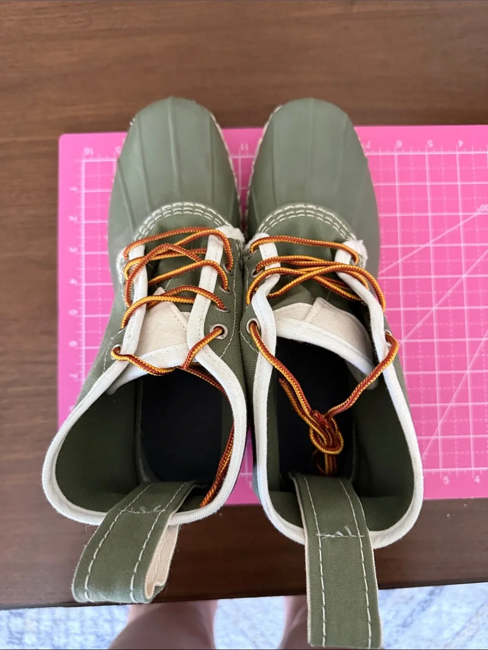 L.L. Bean Olive Green and White Women's Winter Duck Boots with Orange Laces